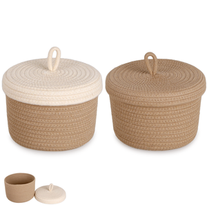 Panier de rangement nordique avec couvercle, en corde de coton marron, anti-poussière, organisateur multi-usages pour salon, chambre, chambre d'enfant, placard, décoration intérieure - Product Image 1