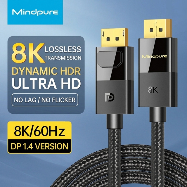 Mindpure DisplayPort Cable 1.4 8K 60Hz 4K 144Hz 32.4Gbps HBR3 Cotton Braided Gaming Dp Cord for PC Laptop Monitor VESA Latch