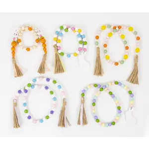 2023 New Design Wooden Bead Garland For Easter Decoration Rabbit Carrot Bead With Tassel