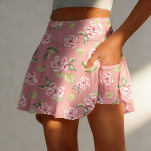 Oferta en Temu: Falda pantalón plisada mini de cintura alta con estampado de rosas rosas, económica y con bolsillos, ideal para actividades. - Product Image 1