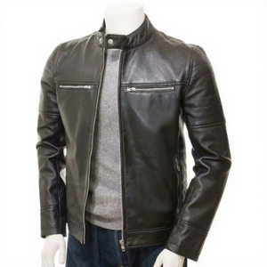 Chaqueta de Cuero Genuino Negra para Hombre, Estilo Motero, Cafe Racer, de Piel de Vacuno, con Cuello Alto y Mangas Acolchadas, Estilo Clásico Personalizado, Cálida para Invierno - Product Image 1