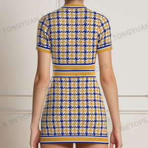 Abbigliamento di produzione maglione Casual <span class=keywords><strong>pied</strong></span> <span class=keywords><strong>de</strong></span> <span class=keywords><strong>poule</strong></span> da donna blu oro brillante bianco due pezzi Set <span class=keywords><strong>Cardigan</strong></span> a maniche corte - Product Image 2