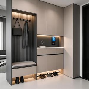 <span class=keywords><strong>Meuble</strong></span> à chaussures moderne avec banc, éclairage LED, tiroirs de rangement, étagères ouvertes, laque grise, entrée - Product Image 2