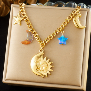 Sun And Moon Portrait Star Chunky Chain Pendant Gold Plated Stainless Steel Necklace For Women Gift - Product Image 1