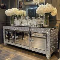 Meuble TV Moderne Argenté avec Tiroirs, Design Miroir et Cristal, Écologique, en Bois et Verre, Réglable, pour Salon et Chambre