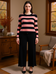 YMS176T Set Maglione a Righe da Donna, Collo Tondo, Vestibilità Ampia, Lunghezza alla Caviglia, Abbigliamento Casual Autunnale, Misto Poliestere e Cotone, Anti-Pilling - Product Image 2