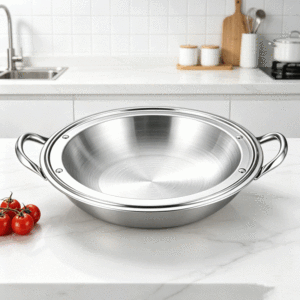 FLEY Promotion : Petite marmite à fond plat en acier inoxydable et <span class=keywords><strong>Wok</strong></span> à paella à bord large avec doubles poignées, corps épais classique, pour cuisson à sec - Product Image 2