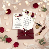 Invitations de mariage et de Quinceañera personnalisées, imprimées UV rouge bordeaux, estampées or, découpées au laser, avec enveloppes, ruban perlé et RSVP