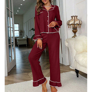 Elegante Set Pigiama da Donna SMOOTH, Primavera e Autunno, Colletto, Abbottonatura, Maniche Lunghe, Pantaloni Lunghi, Completo Due Pezzi per Casa - Product Image 3