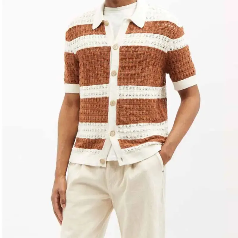 Camisa polo de crochê de malha de gola curta masculina de listra waffle sólida da moda