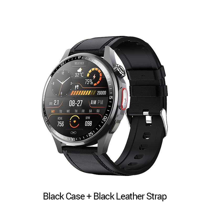 Boîtier noir + bracelet en cuir noir