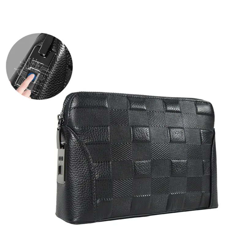 Genuine Leather Anti Theft Fingerprint Lock Mans handbag waterproof man long wallet fingerprint Clutch Bag