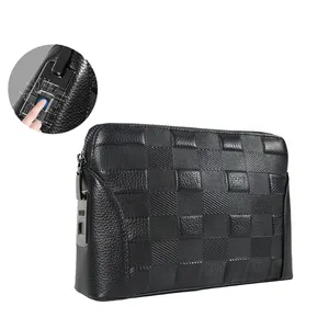 Bolso de mano de cuero genuino antirrobo con bloqueo de huellas dactilares para hombre, billetera larga impermeable para hombre, bolso de mano con huellas dactilares