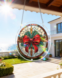 Round Stained Glass Suncatcher Christmas Bow <b>Ornament</b> Traditional Window Hanging Decor with <b>Red</b> Ribbon and Green Leaves Design - Product Image 6