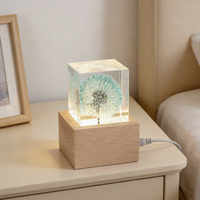 Lampe de chevet en résine époxy avec pissenlit préservé, cube de fleurs naturelles, base en bois, alimentation USB, mini lampe d'ambiance de table