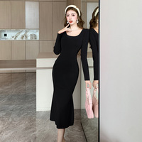 Robe en maille à col carré pour femme, tendance 2026, sexy et moulante, style queue de poisson française, qui sublime les hanches