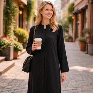 Abito Tunica <span class=keywords><strong>Lungo</strong></span> da Donna Personalizzato in Misto Lino e Cotone <span class=keywords><strong>Nero</strong></span> <span class=keywords><strong>con</strong></span> Collo alla Coreana, Abbottonatura Nascosta, Maniche Lunghe e Spacchetti Laterali - Fornitore di Tendenza - Product Image 3