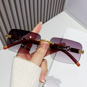 Cheetah Decorated Wood Grain Frameless <b>Sunglasses</b> <b>Gradient</b> Color Unisex Retro Metal UV400 Protection - Product Image 4