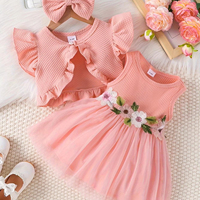 Nouvel Ensemble pour Bébés Filles: Robe sans Manches Broderie Fleur, Cardigan Tricoté à Volants et Bandeau