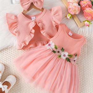 Conyson yeni bebek kız kıyafetleri kolsuz çiçek nakış elbise Ruffled örgü hırka ceket kafa bandı çocuk - Product Image 1