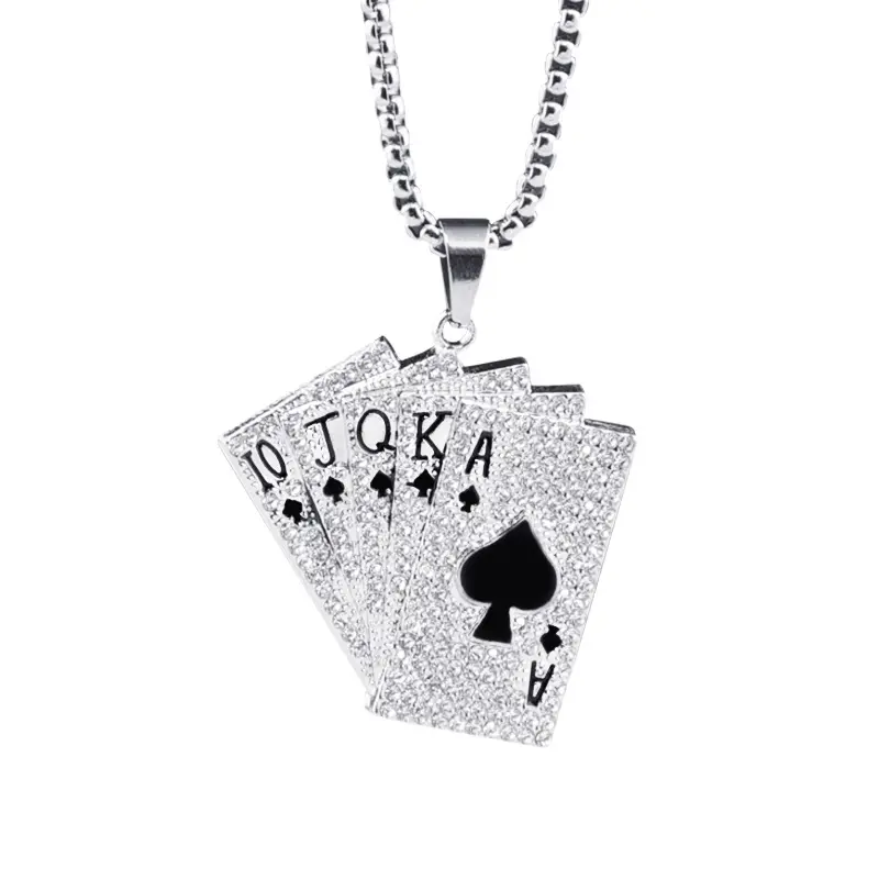 Hip Hop Rock Carte À Jouer Poker CZ Pendentif Bonne Chance Royal Flush As de Pique Collier En Acier Inoxydable