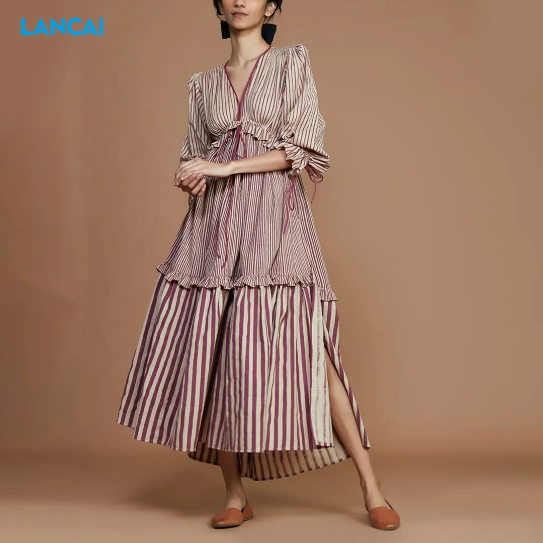 2023 Summer Spring Custom Casual Cotton Long Puff Sleeve Stripe Maxi Boho Loose Womens Dresses Ruffle Dress