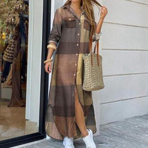 Robe chemise longue imprimée à manches longues et poches pour femme, fendue, grande taille, élégante, décontractée et ajustée - Product Image 3