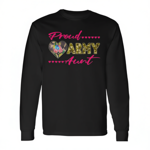 T-shirt a maniche lunghe militare con targhette per cani con bandiera americana e motivo mimetico Proud Army Aunt - Product Image 1