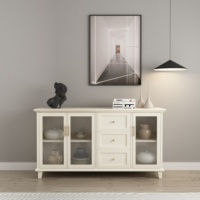 Buffet en bois massif blanc de luxe léger avec portes vitrées, meuble de rangement moderne pour cuisine et chambre avec tiroirs et poignées dorées