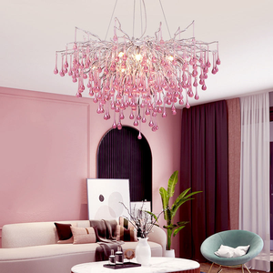 Lampadario <span class=keywords><strong>a</strong></span> Gocce di Cristallo Rosa in Alluminio, Decorazione per Camera dei Bambini, Soggiorno e Sala da Pranzo, Lampada <span class=keywords><strong>a</strong></span> Sospensione Romantica e Lussuosa - Product Image 1