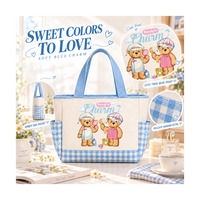 Sac fourre-tout en toile Teddy Island avec imprimé ours, bleu à carreaux, poches latérales, fermeture magnétique pour femmes