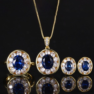Wholesale Eco-friendly Copper Gold Plated Oval Cut 8*10-5*7mm Blue Cubic Zirconia Retro Jewelry for Women <b>Sets</b> Golden - Product Image 1