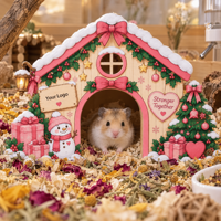 Abri pour hamster en bois de bouleau écologique avec un thème rose de Noël, personnalisable avec votre logo