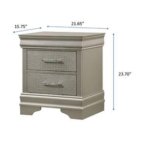 DB, 1 pieza, mesita de noche de madera maciza de estilo Glam moderno, dos cajones, acabado champán, textura de cocodrilo con mechones de diamante similar al cristal para - Product Image 5