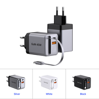 Chargeur mural rétractable Tommox 45W GaN avec câble rétractable, adaptateur de charge rapide QC3.0 pour téléphone portable Samsung, chargeur iPad