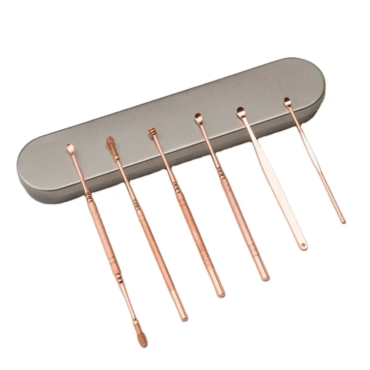 Perfectly Rose Gold Color Ear Pick Tools Removedor de cera limpia de oreja de acero inoxidable con caja de metal