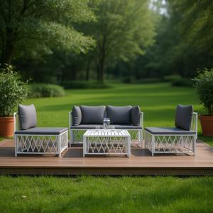 Ensemble de salon de jardin en acier blanc, 5 pièces, avec coussins, pour la détente en plein air, mobilier d'extérieur au design contemporain - Product Image 2