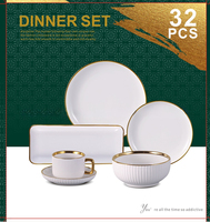 Service de table en porcelaine rayée gaufrée de luxe, 32 pièces, bord doré, vaisselle en céramique blanche, assiettes, bols, tasses, soucoupes pour la maison et l'hôtel