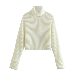 2024 automne/hiver décontracté côtelé court tricot rétro <span class=keywords><strong>col</strong></span> <span class=keywords><strong>roulé</strong></span> pull rue à manches longues femmes tricots amples - Product Image 3