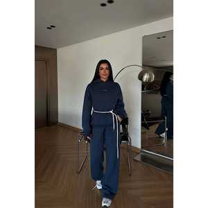 Ensemble de jogging vintage en velours bleu marine à capuche, respirant, imprimé, grande taille, maternité, hiver, couleur unie - Product Image 4