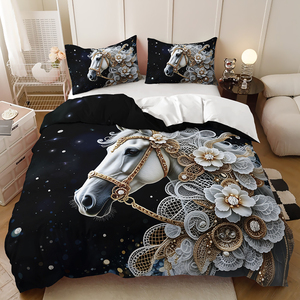 Parure de lit double en microfibre moderne avec motif cheval imprimé en relief, magnifique et romantique - Product Image 5