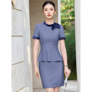 Women Peplum Suit Skirt Blue Workwear Business Office Wear With Bow Neckline Anti-Wrinkle Woven Fabric - Product Image 1