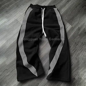 QYOURECLO Custom Streetwear 100% Cotton French Terry Stacked Mens Wide Leg Baggy Sweatpants With Stripe