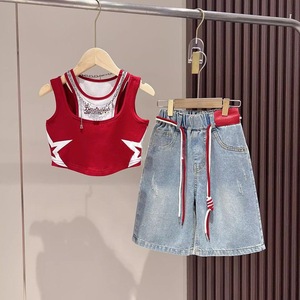 Conjunto de Verano 2026 para Niñas: Novedoso y Elegante Top sin Mangas con Estampado de Estrellas y Pantalones Vaqueros sin Cuello para Niñas Medianas y Grandes - Product Image 2
