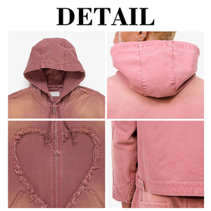 Chaqueta con capucha vintage lavada con parches de corazón personalizados para hombre, abrigo exterior con cremallera y diseño de corazón deshilachado, venta al por mayor de fábrica - Product Image 6