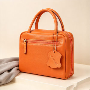 Bright <b>Orange</b> Leather Women <b>Handbag</b> Front Zipper Pocket Pendant Decor Portable Daily Top Handle Bag - Product Image 2