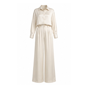 Cream <b>Satin</b> Shirt and <b>Trousers</b> Set Long Sleeve Collared Blouse Wide Leg Pants Office Wear - Product Image 1