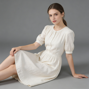 Vestido Personalizado de Algodón y Lino con Cuello Peter Pan, Estilo Vintage, Holgado, con Mangas Abullonadas, Estilo Babydoll, Informal, para Fiesta de Graduación, Largo hasta la Rodilla, para Verano - Product Image 2