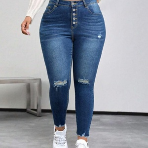 Wholesale Plus Size Women Dark Blue <b>Button</b> Ripped Skinny Pencil Women <b>Jeans</b> Fashion Stretchy Mid Waist Ladies Legging Pants - Product Image 2