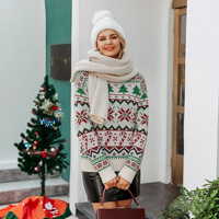 Pull de Noël blanc en tricot pour femme, motif flocon de neige et sapin Fair Isle, col rond, manches longues, vente en gros